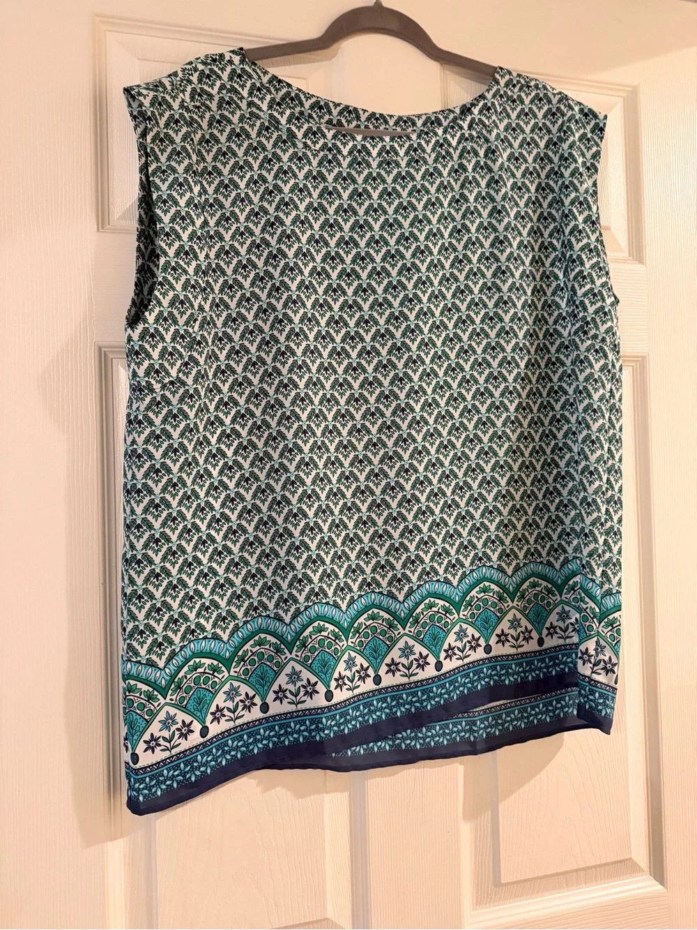 Ann Taylor Factory Teal & Navy Patterned Sleeveless Blouse